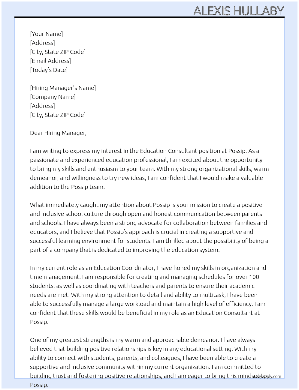 Education Consultant At Possip Cover Letter