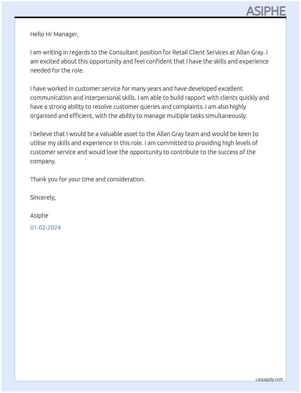 Consultant | Retail Client Services At Allan Gray Cover Letter