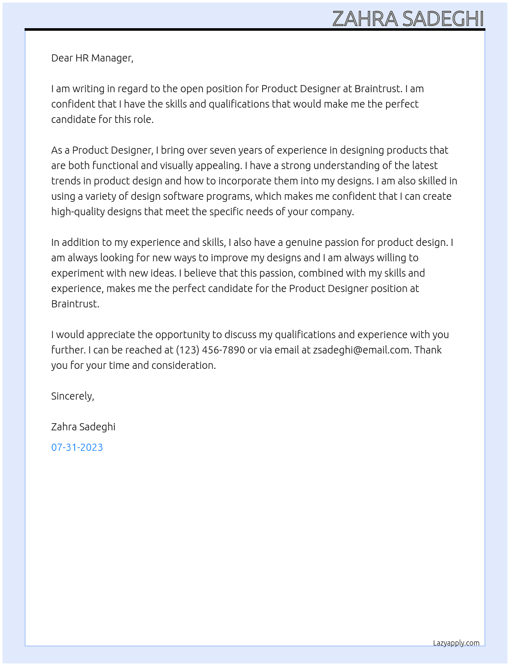 product designer At Braintrust Cover Letter