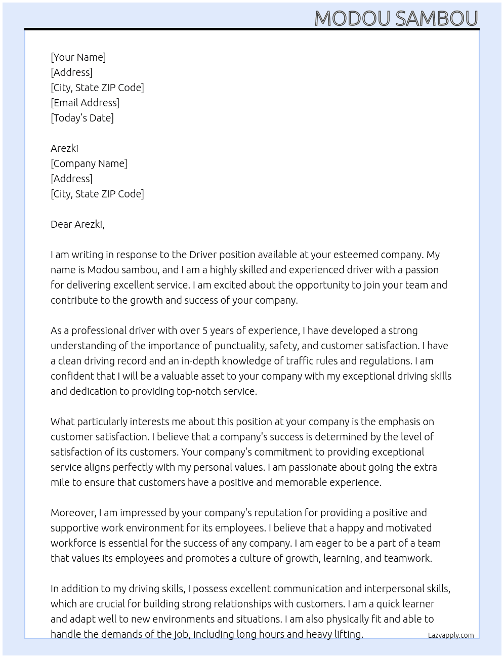 Driver At Arezki Cover Letter