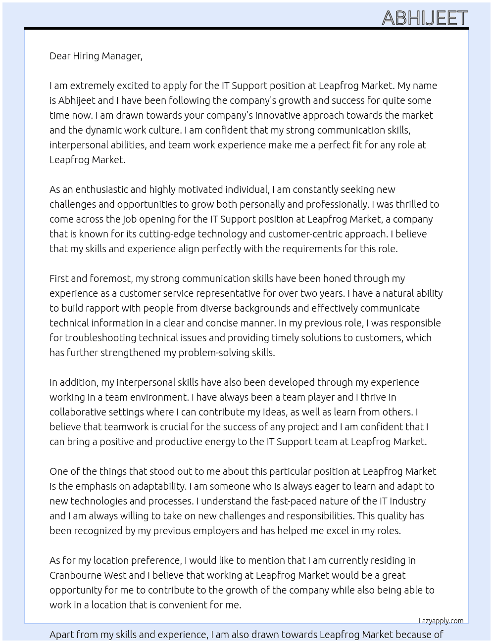 IT Support At Leapfrog Market Cover Letter