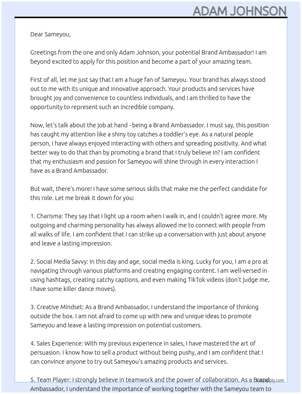 Brand ambassador  At Sameyou Cover Letter