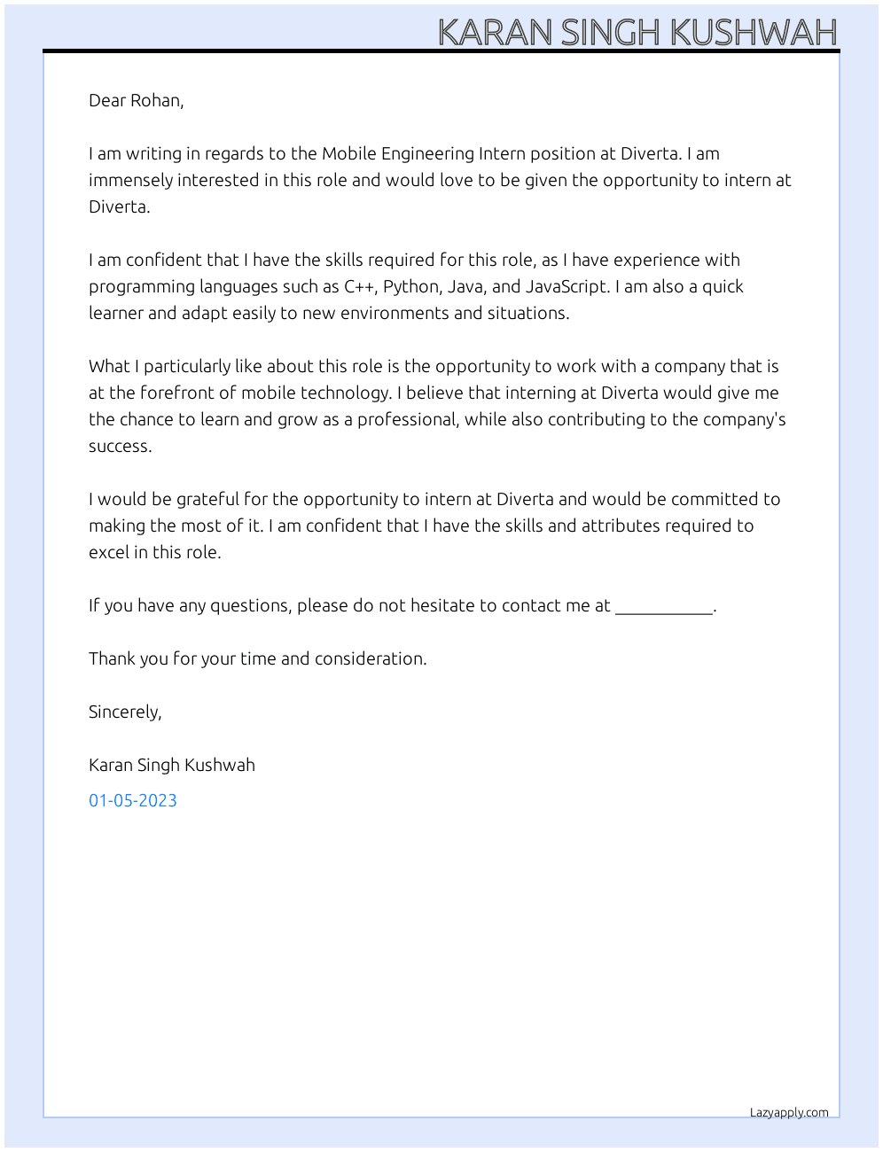 Mobile Engineering Intern At Diverta Cover Letter