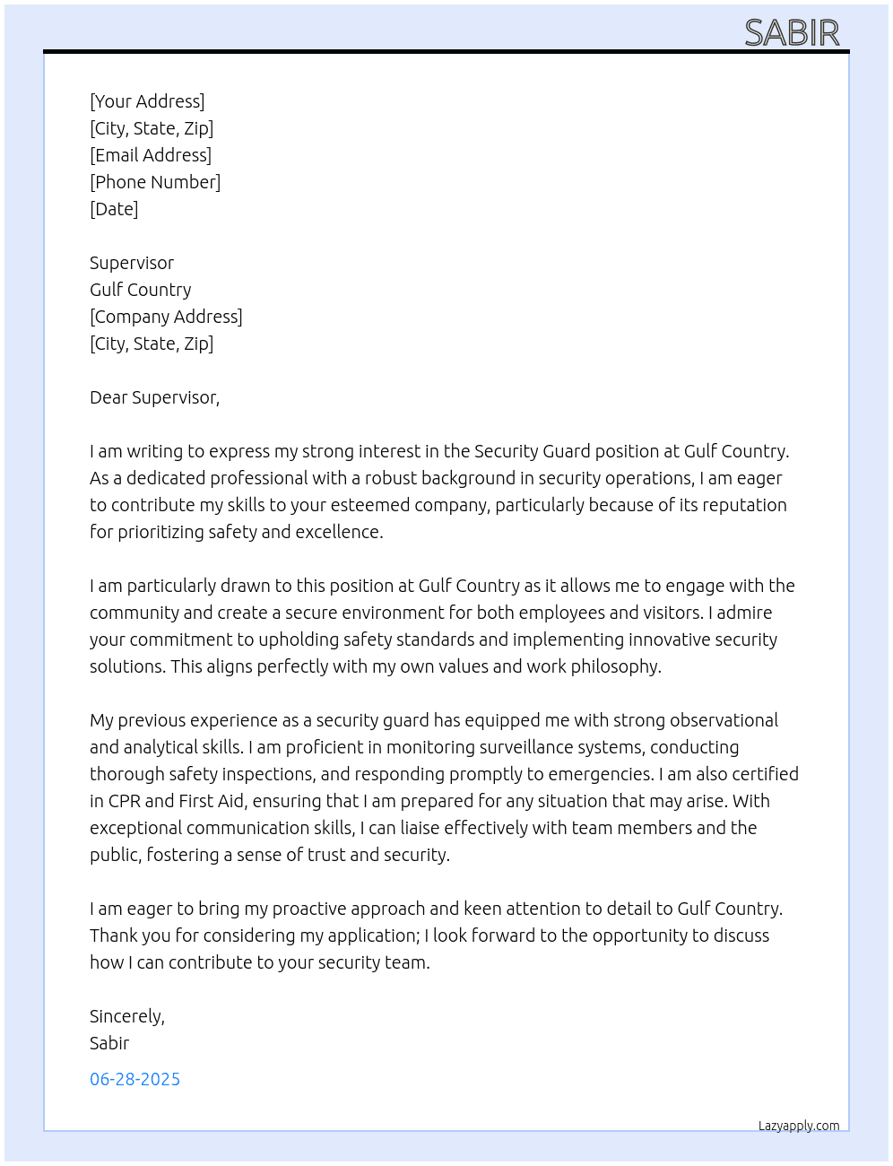 Security guard  At Gulf country  Cover Letter