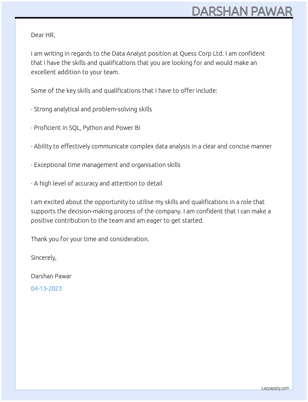 Data Analyst At Quess Corp Ltd Cover Letter