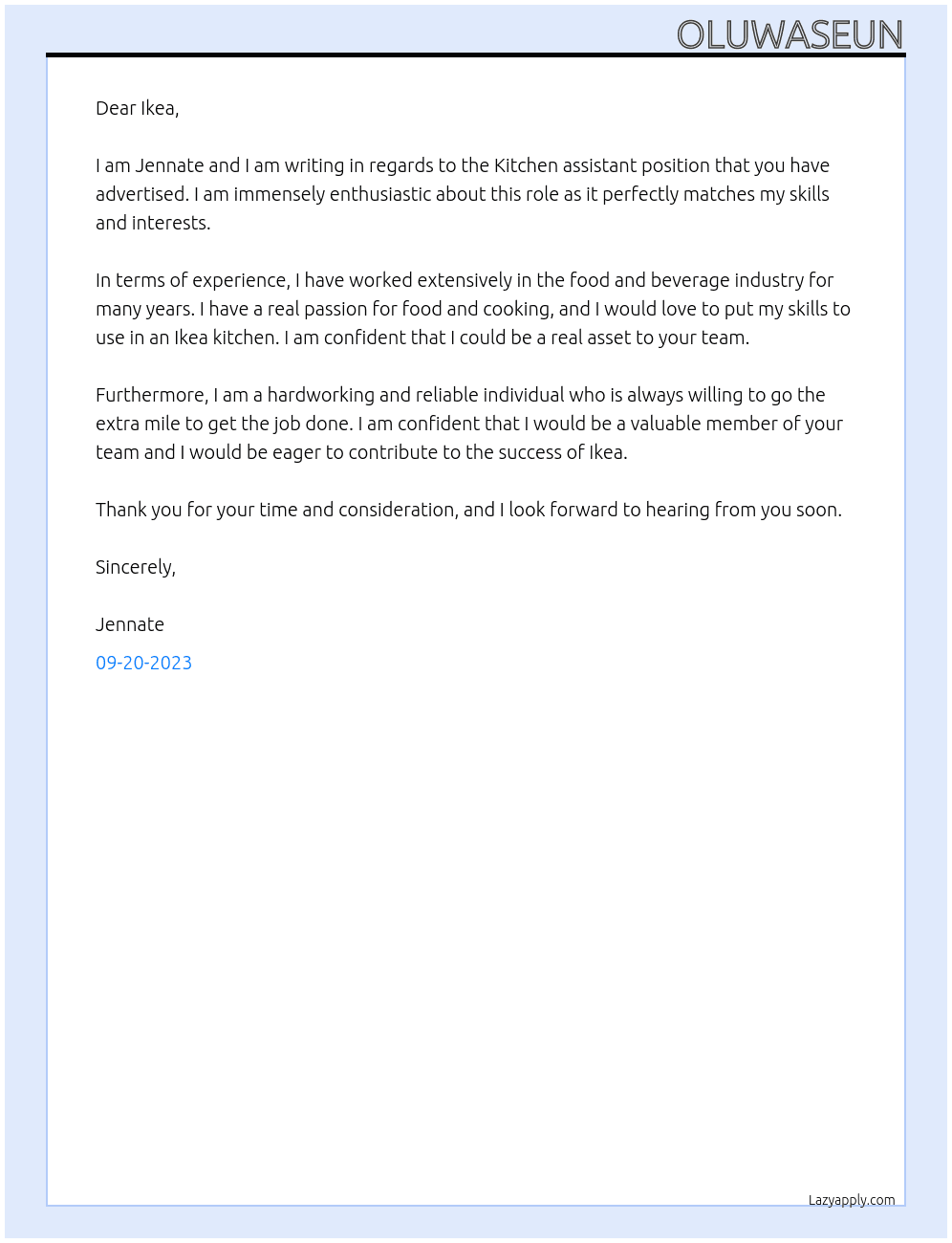Kitchen assistant  At Ikea Cover Letter