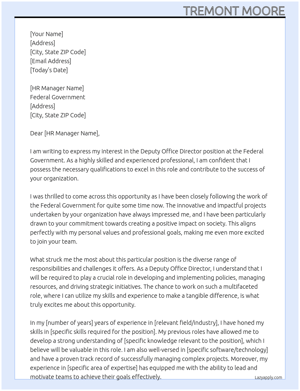 Deputy office director At Federal Government Cover Letter
