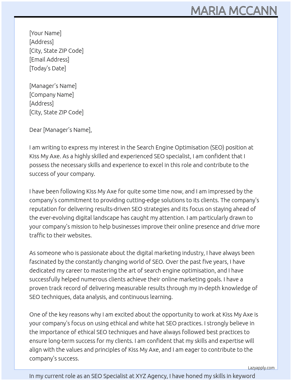 Cover letter for search engine optimisation - LazyApply