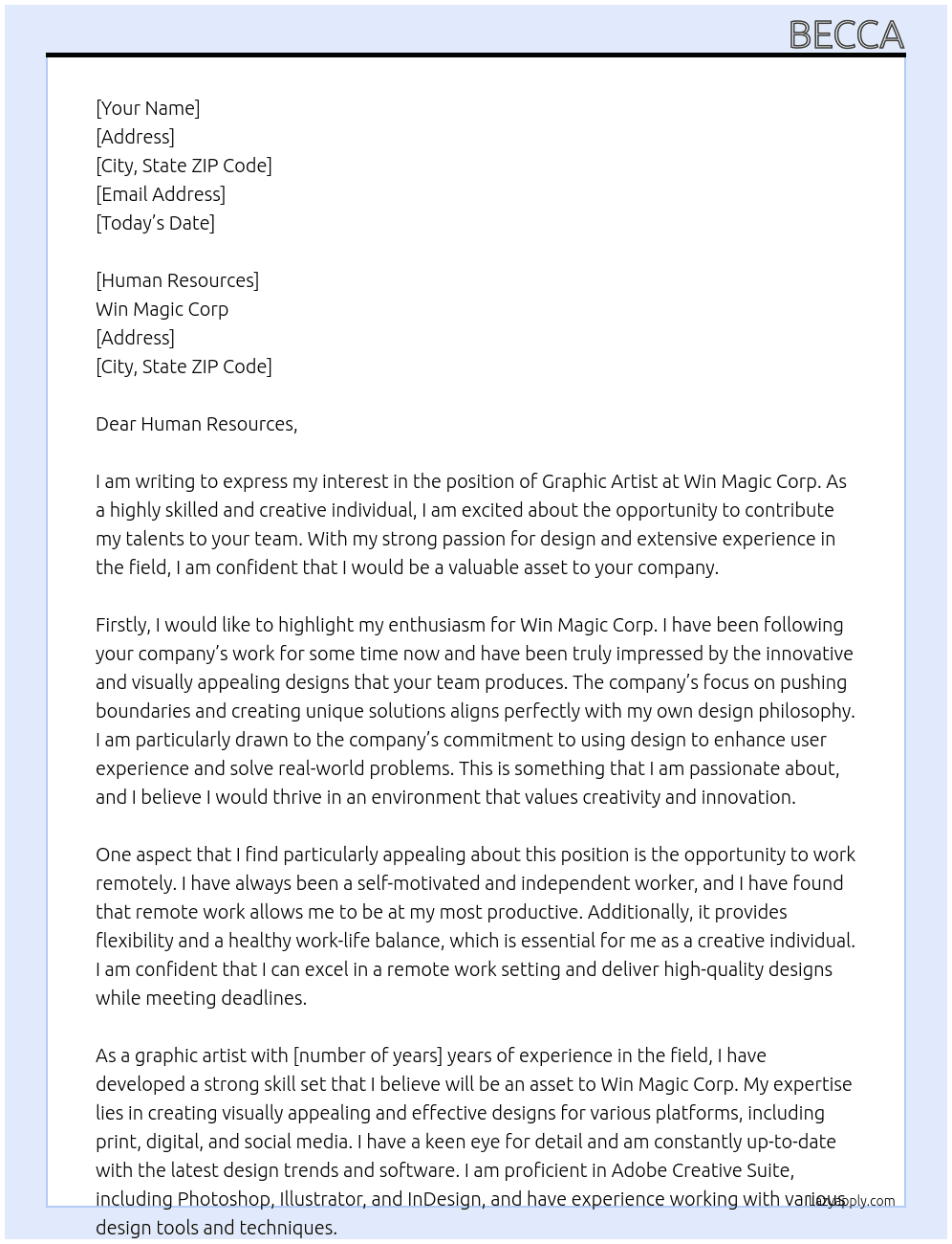 Graphic Artist At Win Magic Corp Cover Letter
