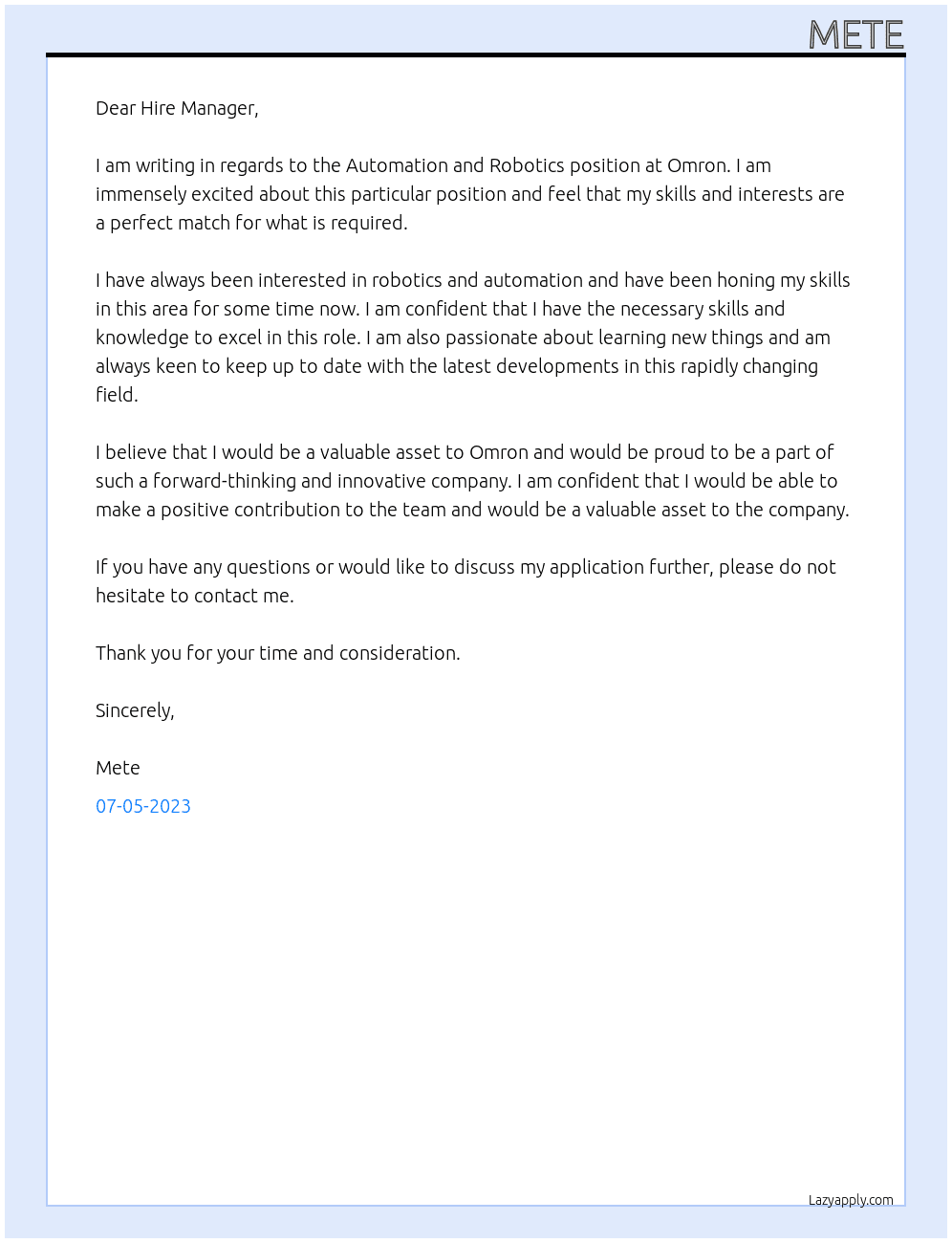 Automation and robotics At Omron Cover Letter