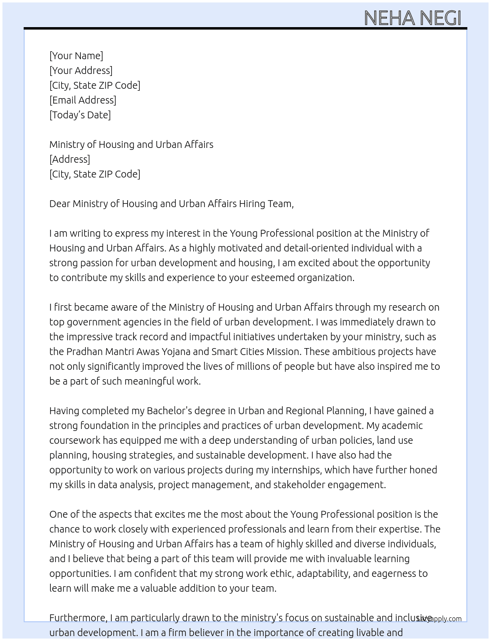 Young professional  At Ministry of Housing and Urban Affairs Cover Letter