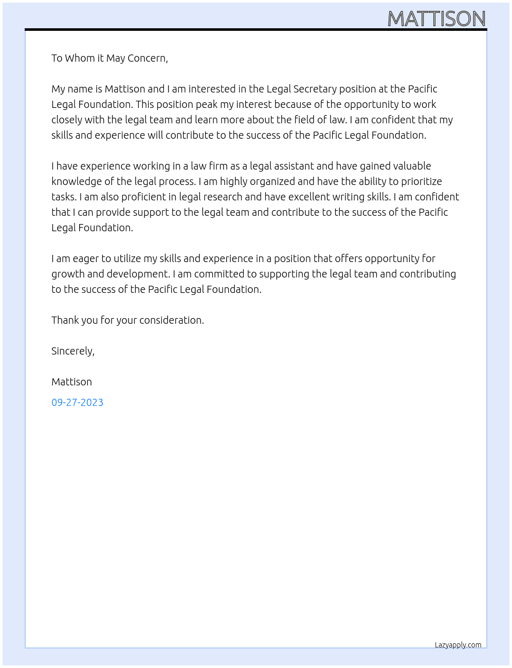 Legal Seceratary At Pacific Legal Foundation Cover Letter