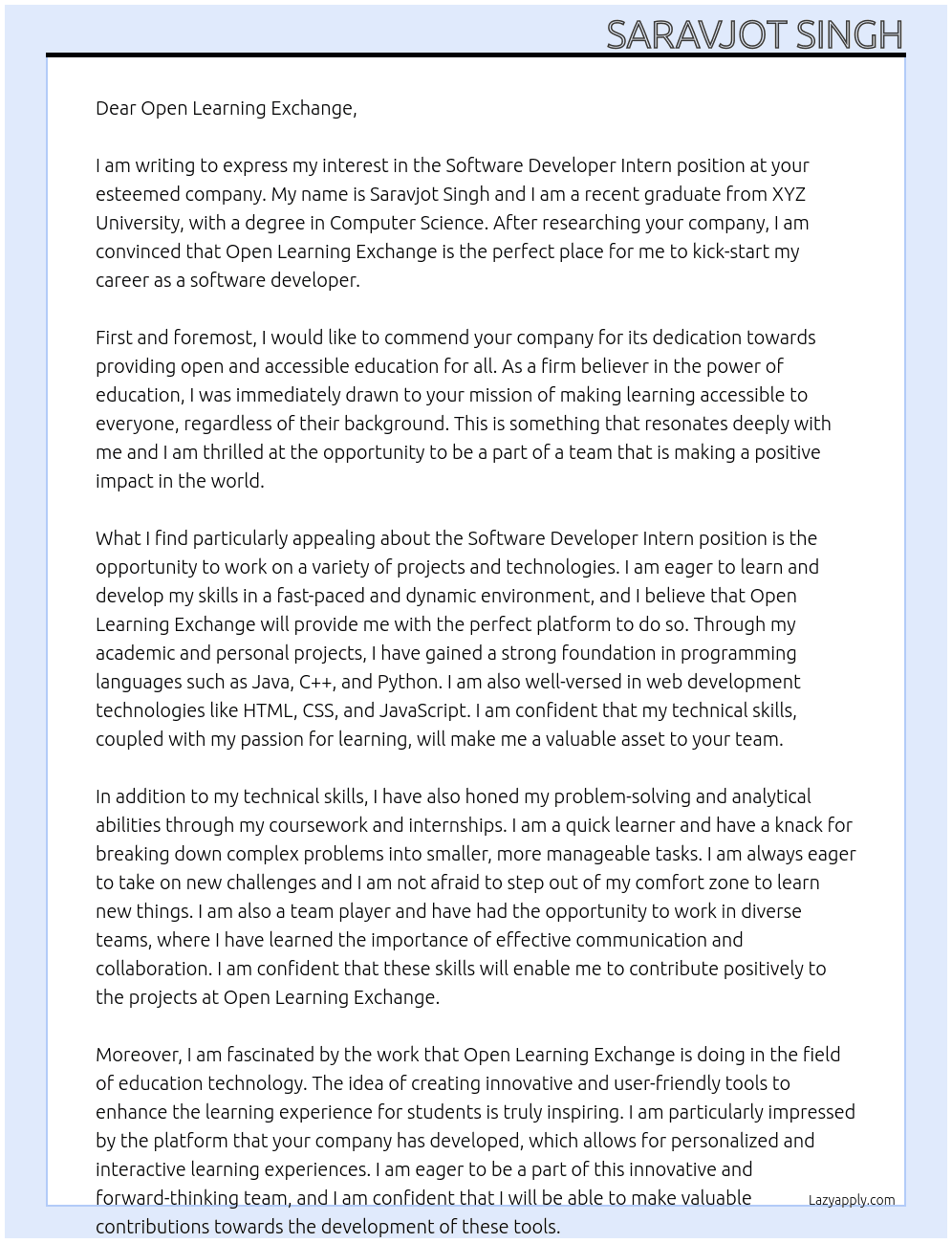 software developer intern At Open Learning Exchange Cover Letter