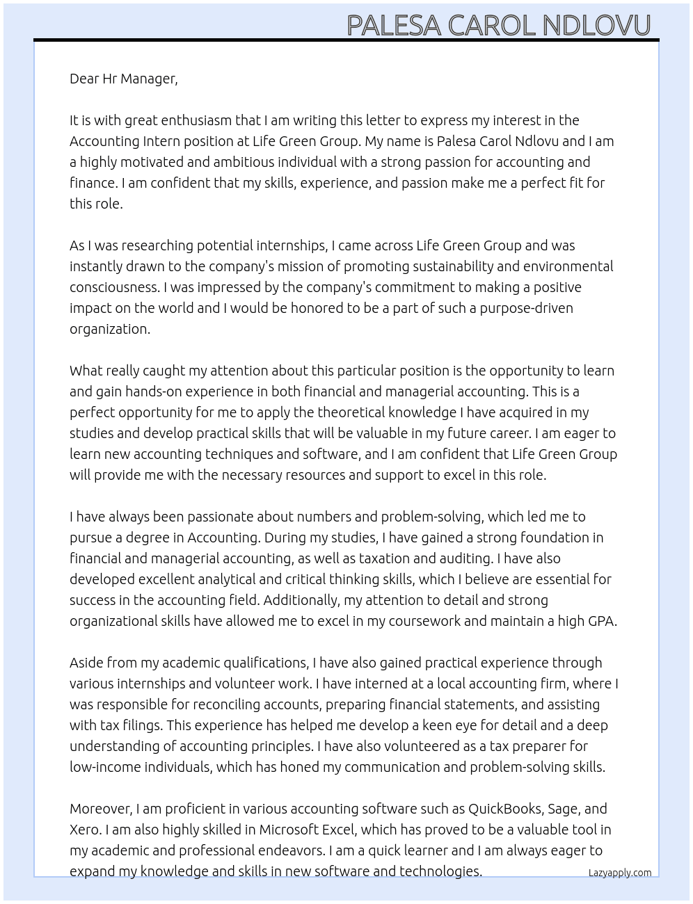 Accounting intern At Life green group Cover Letter