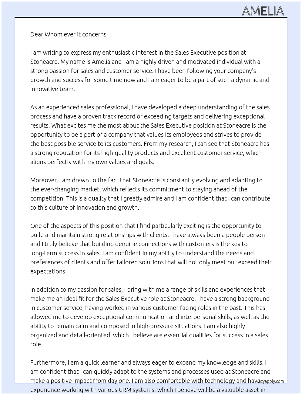 Sales executvie  At stoneacre  Cover Letter