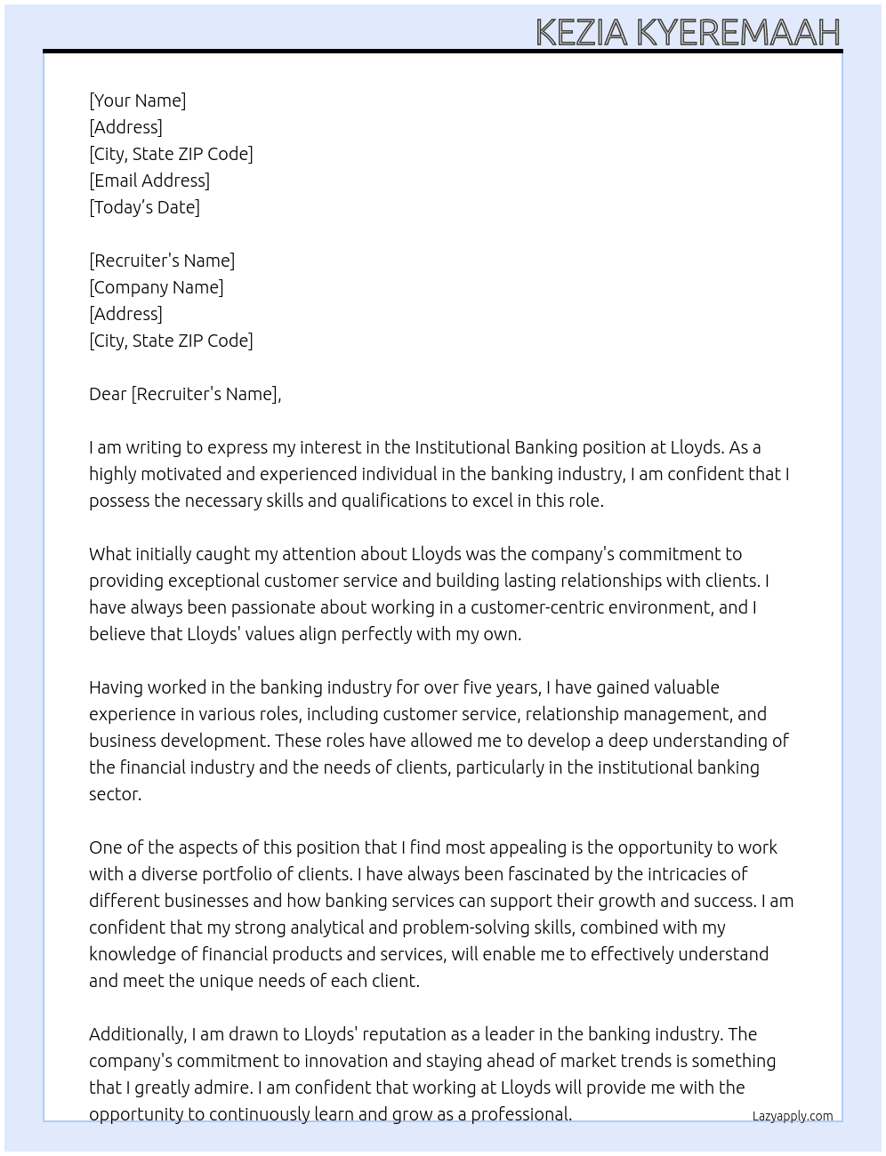 Institutional Banking At Lloyds  Cover Letter