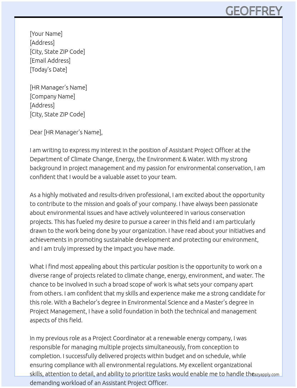 Assistant Project Officer At Department of Climate Change, Energy, the Environment & Water Cover Letter