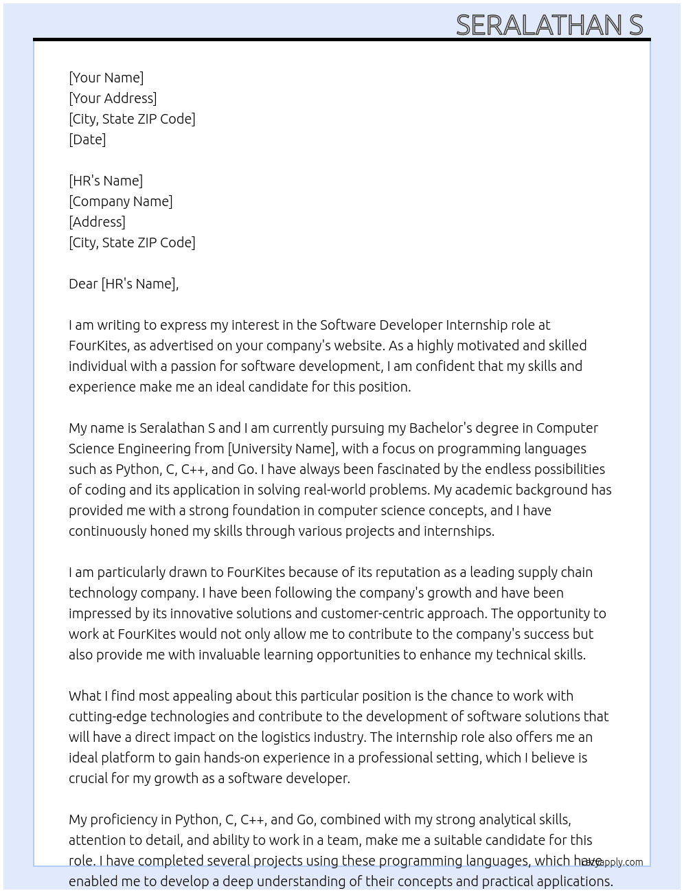 SOFTWARE DEVELOPER At FourKites Cover Letter