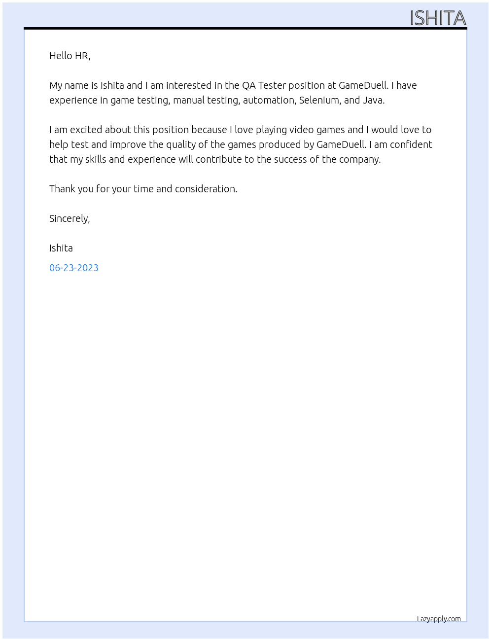 QA Tester At GameDuell Cover Letter