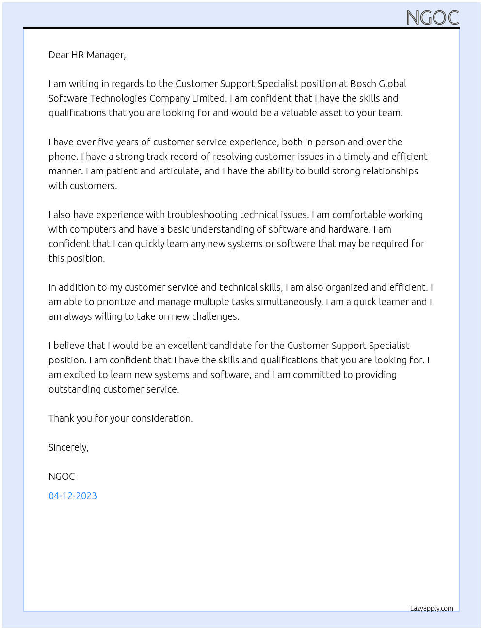Customer Support Specialist At Bosch Global Software Technologies Company Limited Cover Letter