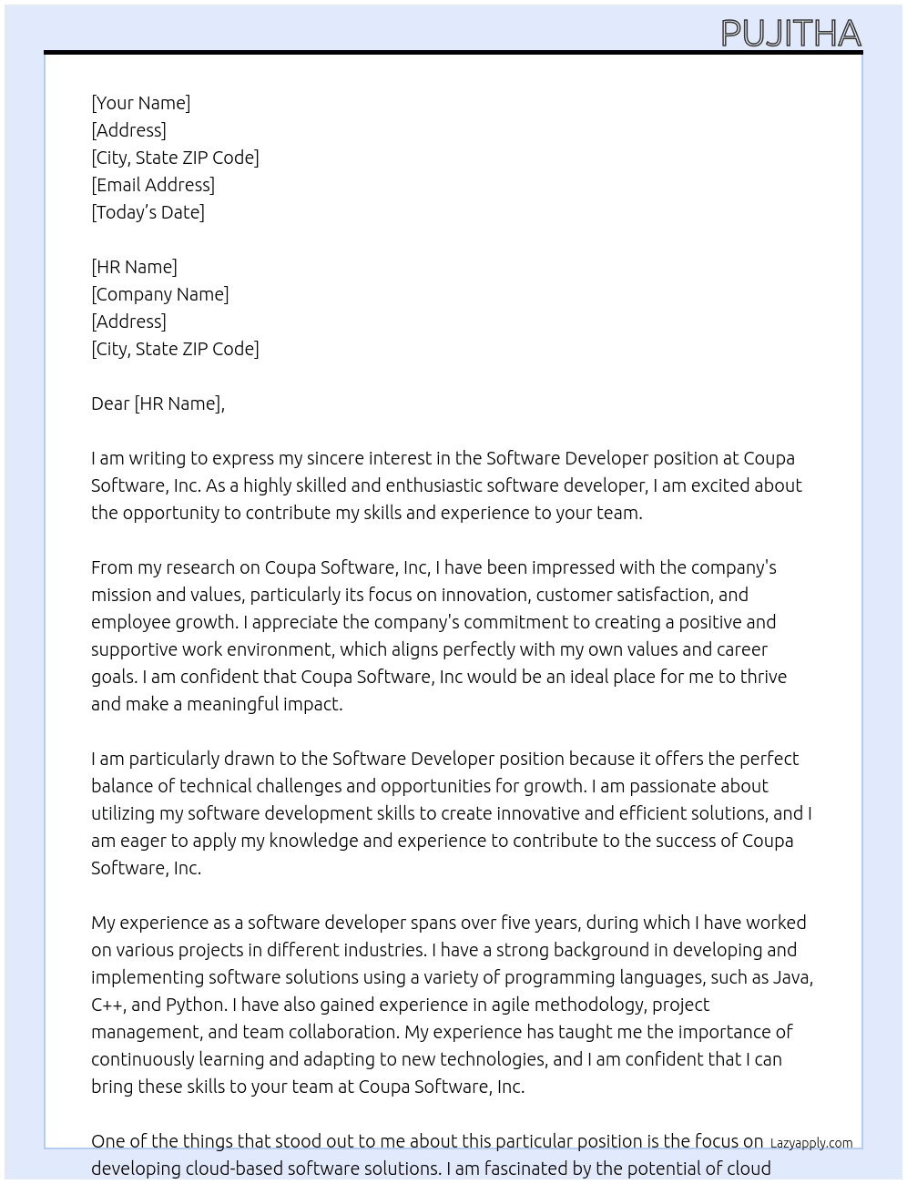 Software Developer At Coupa Software, Inc Cover Letter