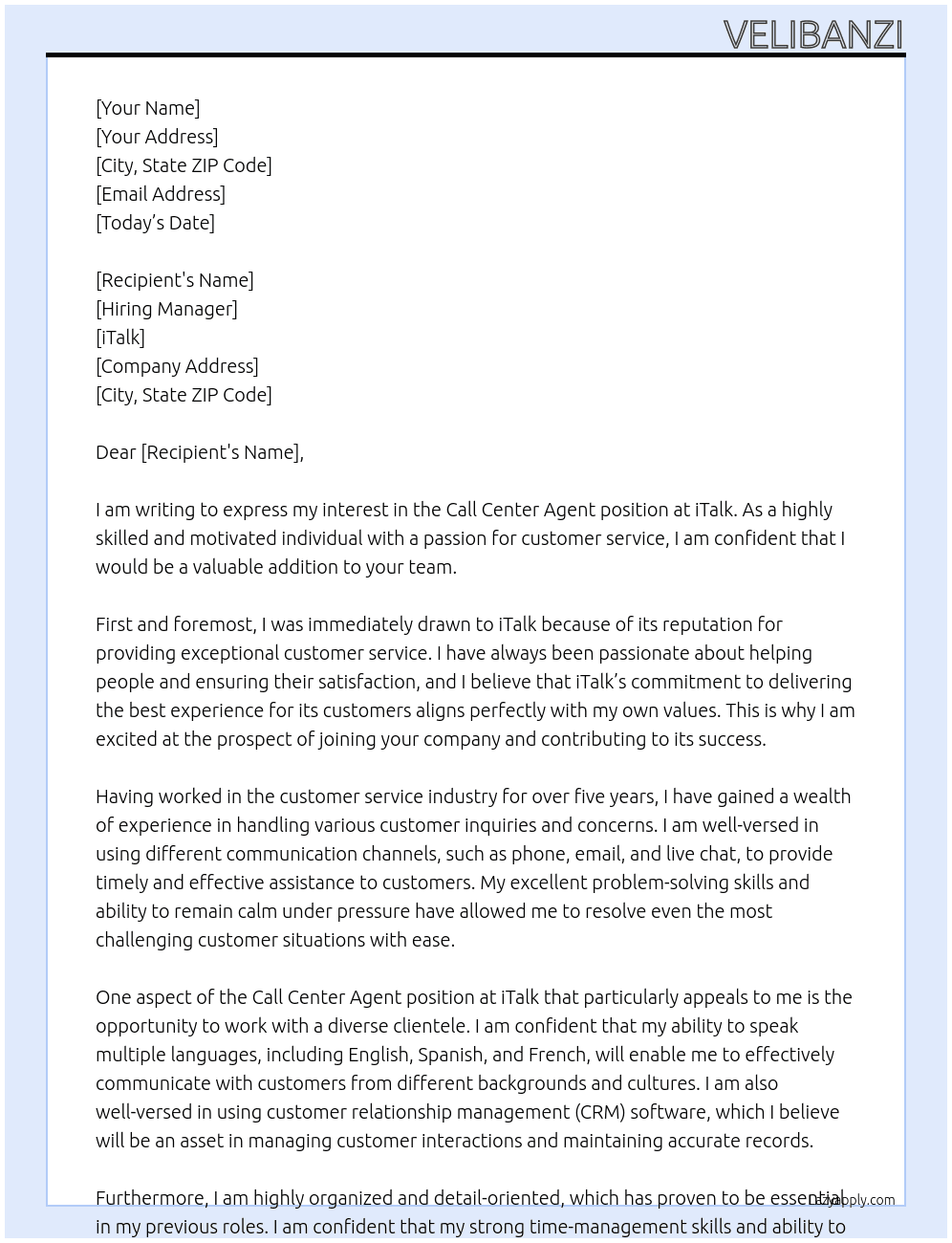 Call Center Agent At iTalk Cover Letter