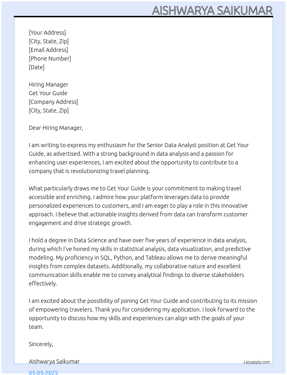 Senior Data Analyst At Get Your Guide Cover Letter