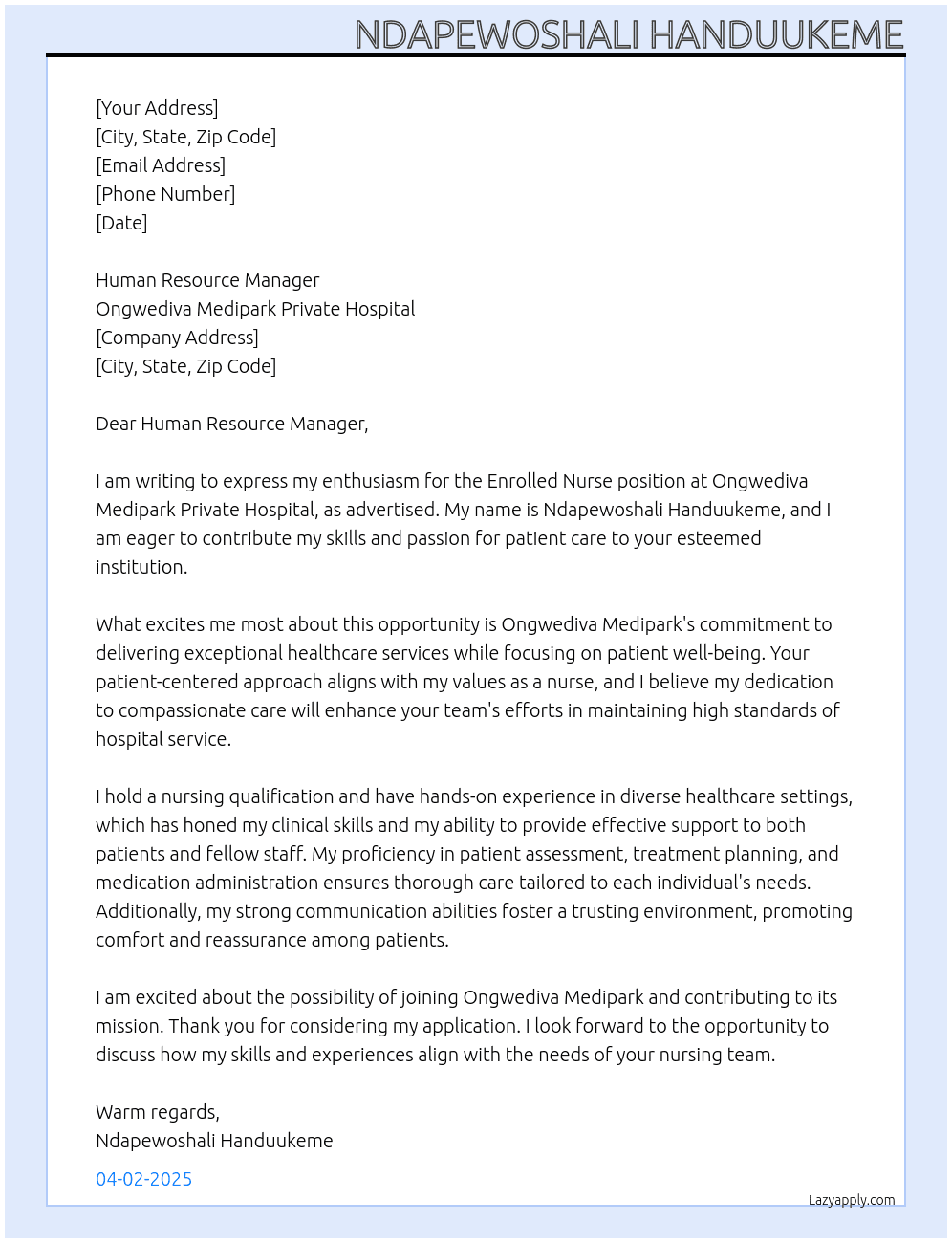 ENROLLED NURSE At Ongwediva Medipark Private Hospital Cover Letter