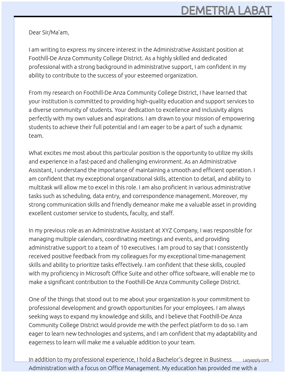 Administrative Assistant At Foothill-De Anza Community College District Cover Letter