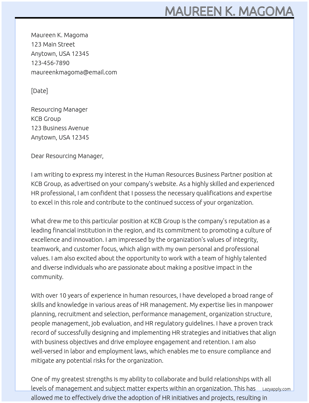 Human Resources Business Partner At KCB Group Cover Letter
