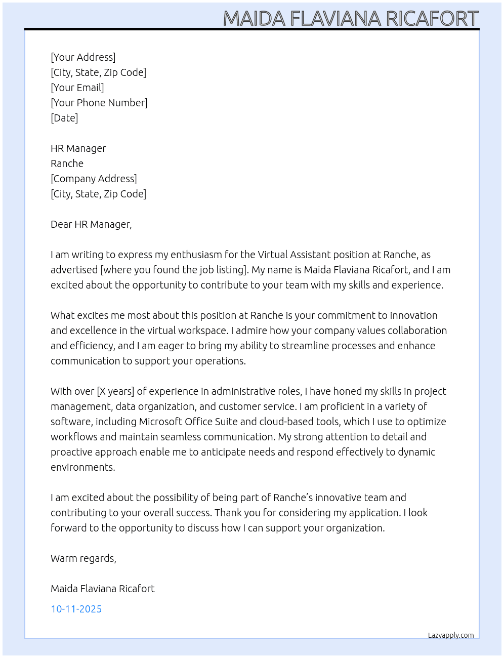 Virtual assistant At Ranche Cover Letter