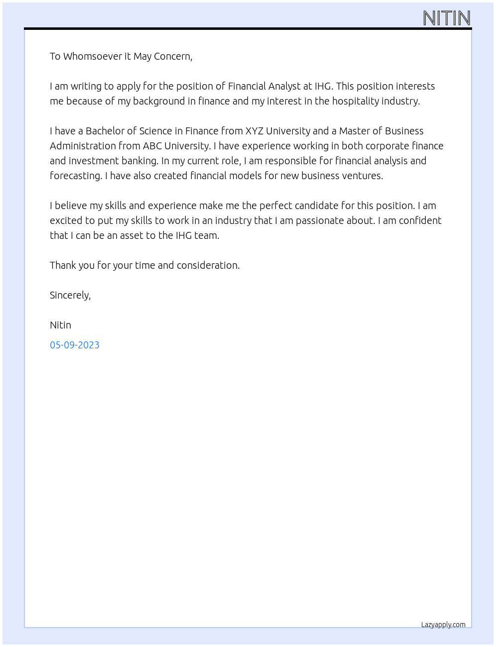 Financial Analysis At IHG Cover Letter