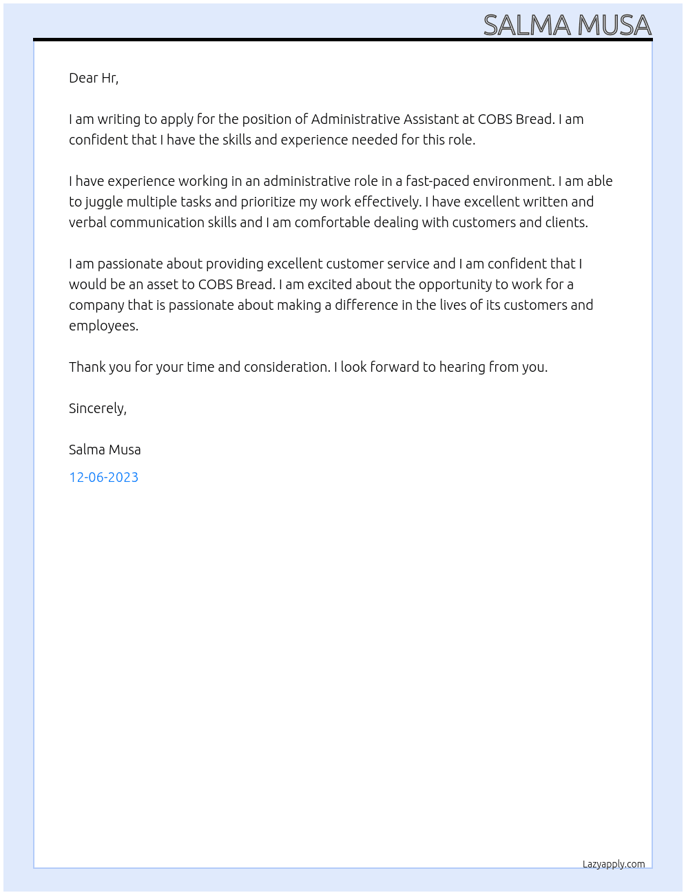 Administrative Assistant At COBS Bread Cover Letter
