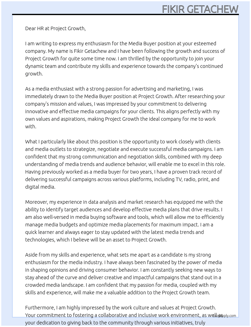 Media Buyer At Project Growth Cover Letter