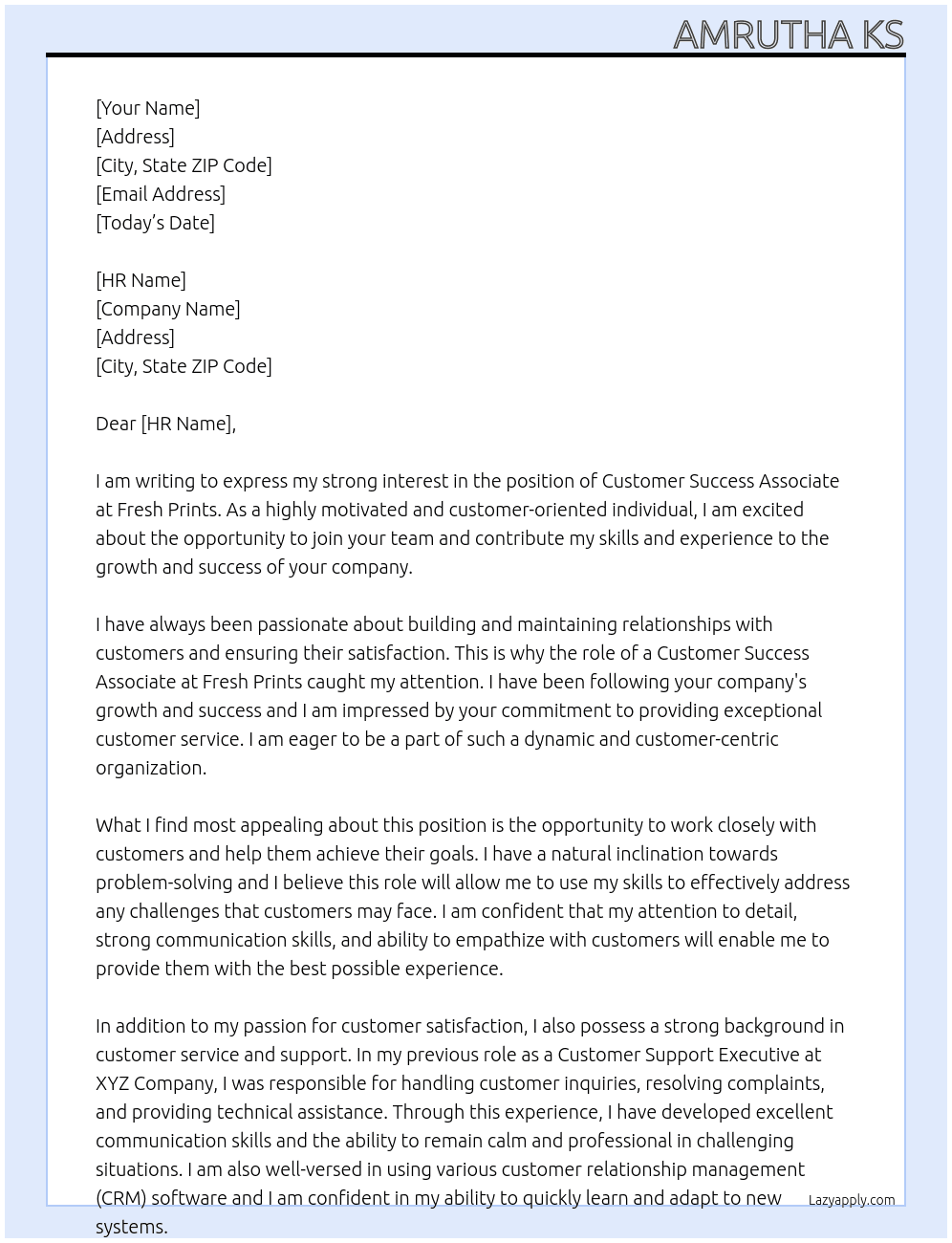 CUSTOMER SUCCESS ASSOCIATE At Fresh Prints Cover Letter