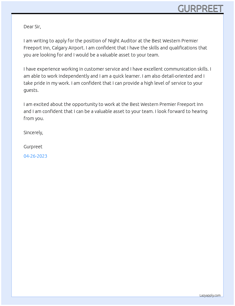 Night Auditor  At Best Western Premier Freeport Inn, Calgary Airport. Cover Letter