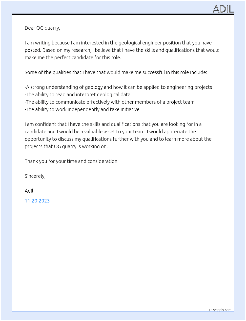 Geological engineer  At OG quarry  Cover Letter