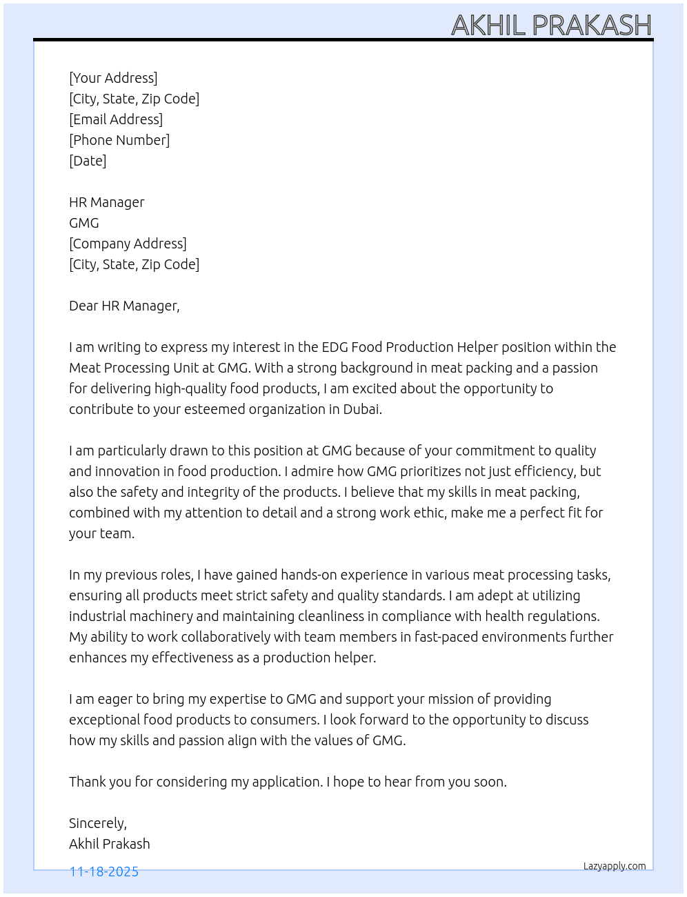 EDG Food - Production Helper (Meat Processing Unit) At GMG Cover Letter