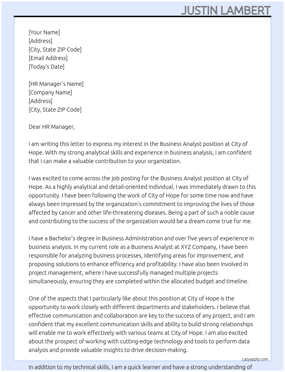 Business Analyst At City of Hope Cover Letter
