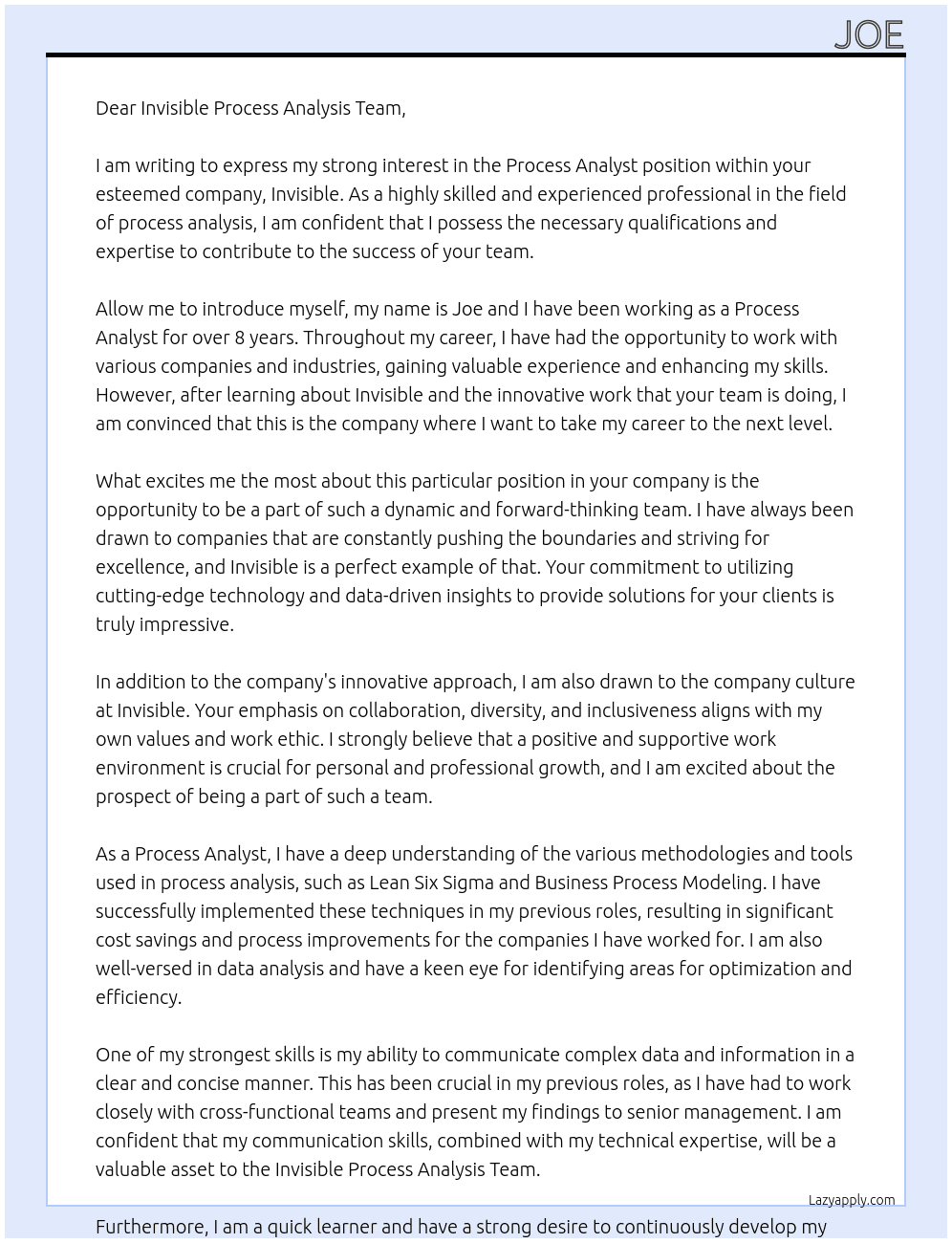 Process Analyst At Invisible Cover Letter