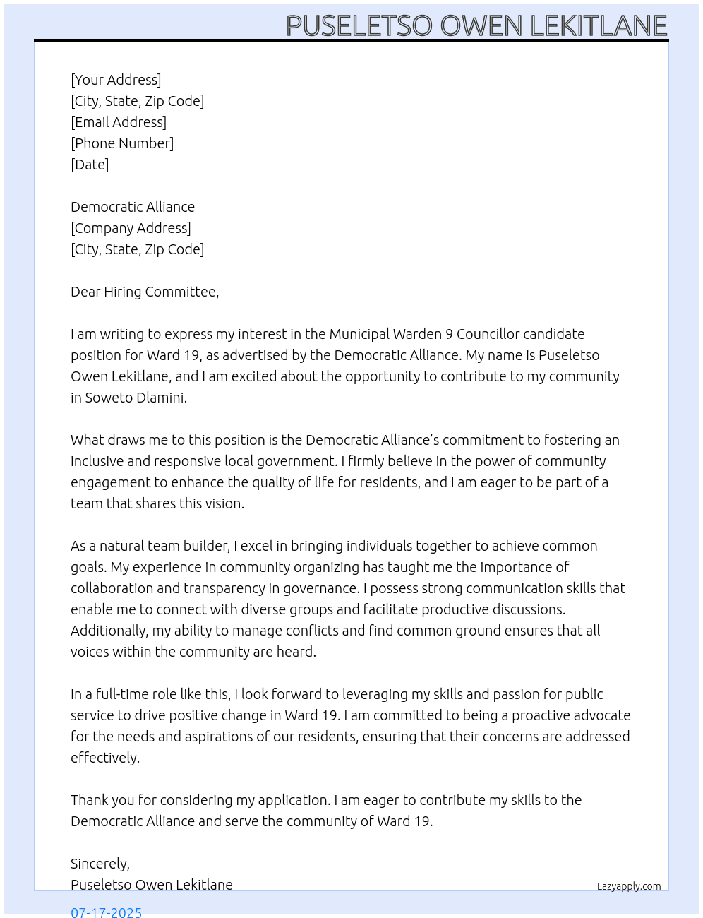 Municipal warden 9 councillor cardinate  At Democratic alliance  Cover Letter