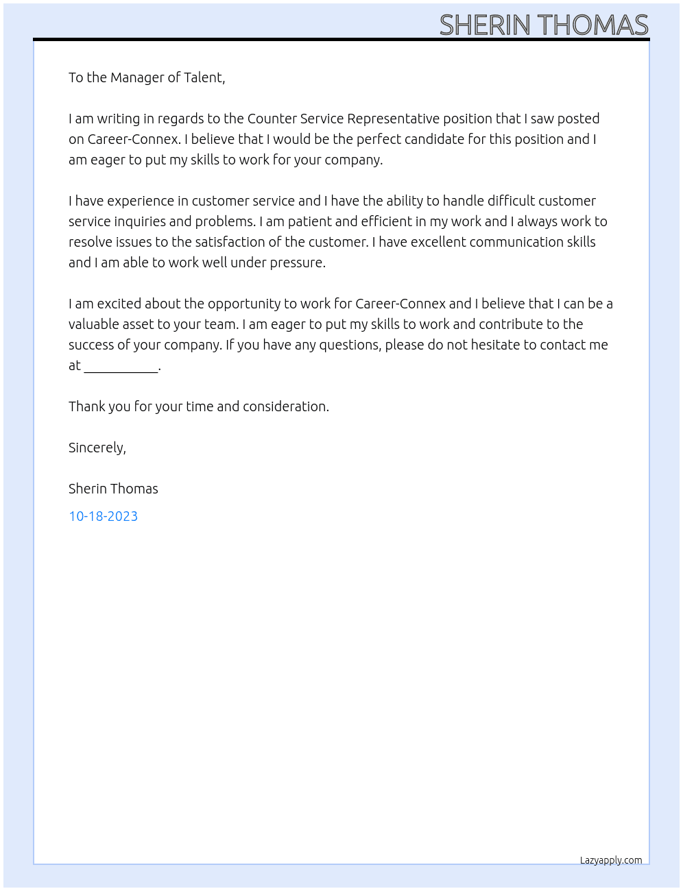 Counter Service Representative  At Career-Connex Pte.Ltd Cover Letter