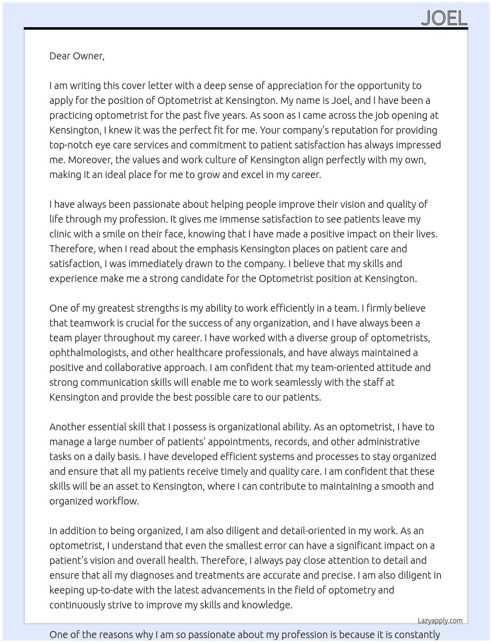 optometrist At Kensington Cover Letter