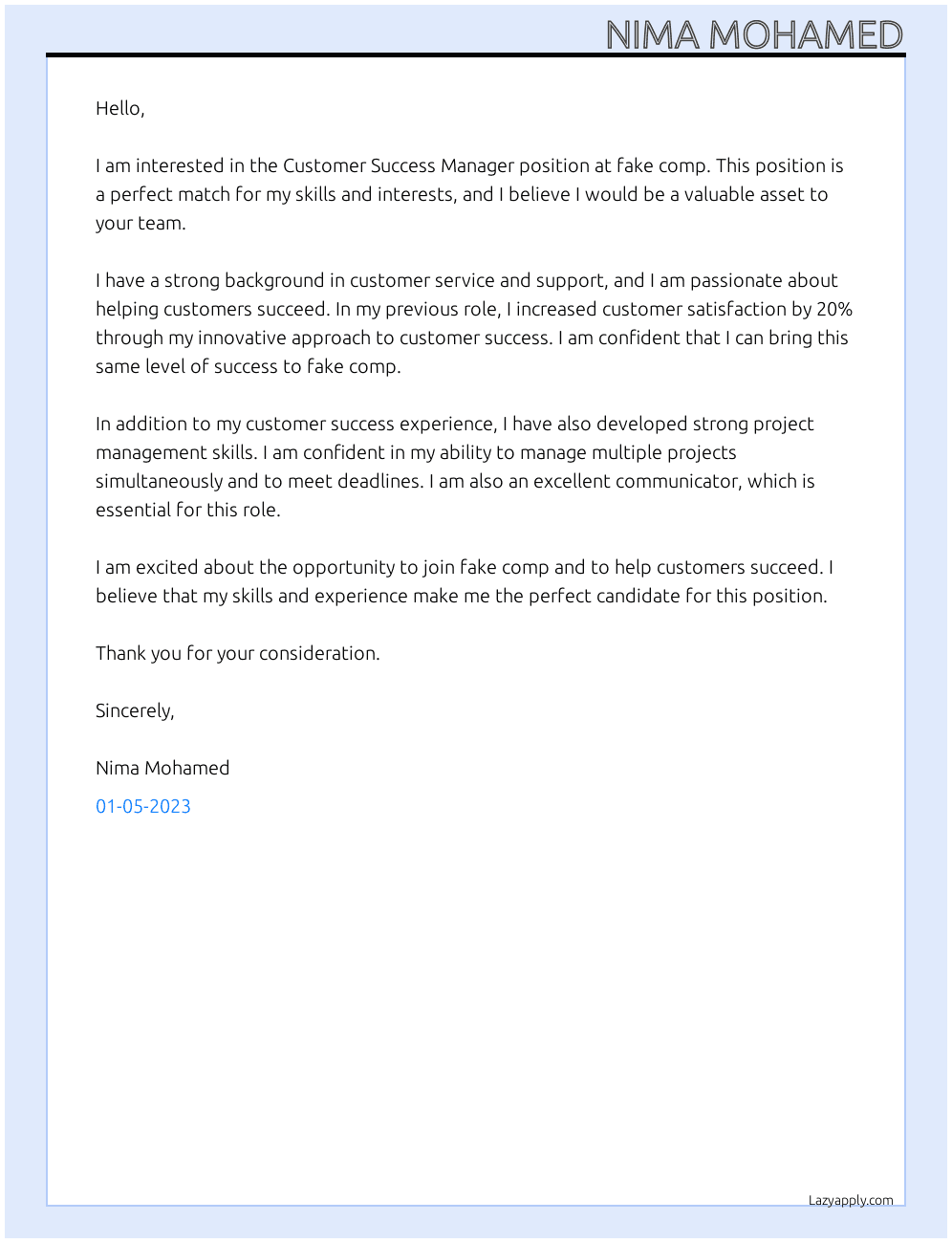 Customer Success Manager  At fake comp Cover Letter
