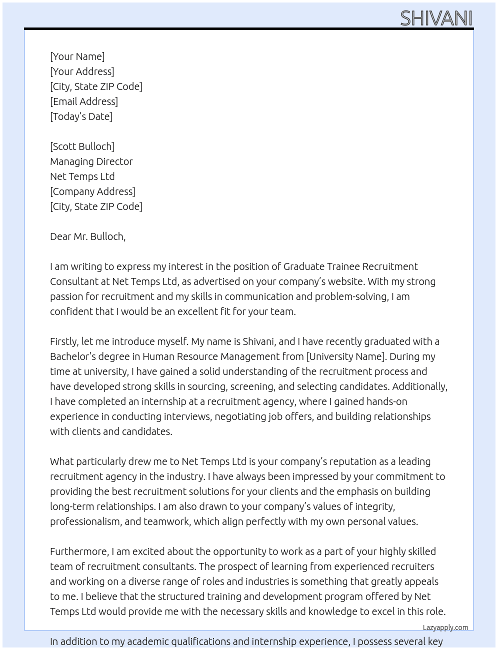 GraduateTrainee Recruitment Consultants At Net Temps Ltd Cover Letter