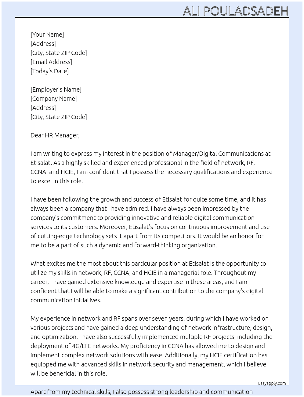 Manager/Digital Communications At Etisalat Cover Letter