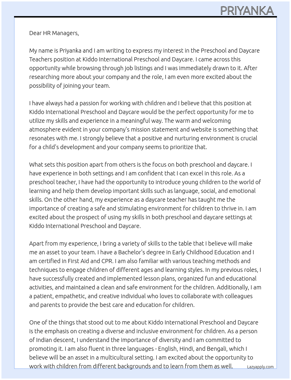Preschool and daycare teachers  At Kiddo international preschool and daycare Cover Letter