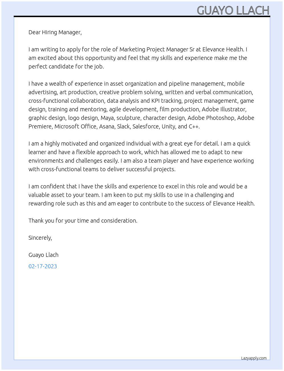 Marketing Project Manager Sr At Elevance Health Cover Letter