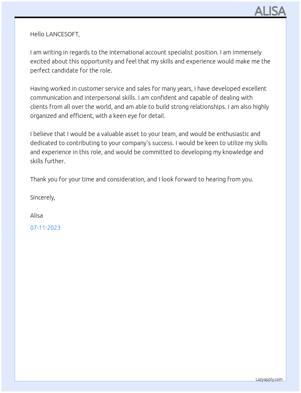 International account specialist At LANCESOFT Cover Letter