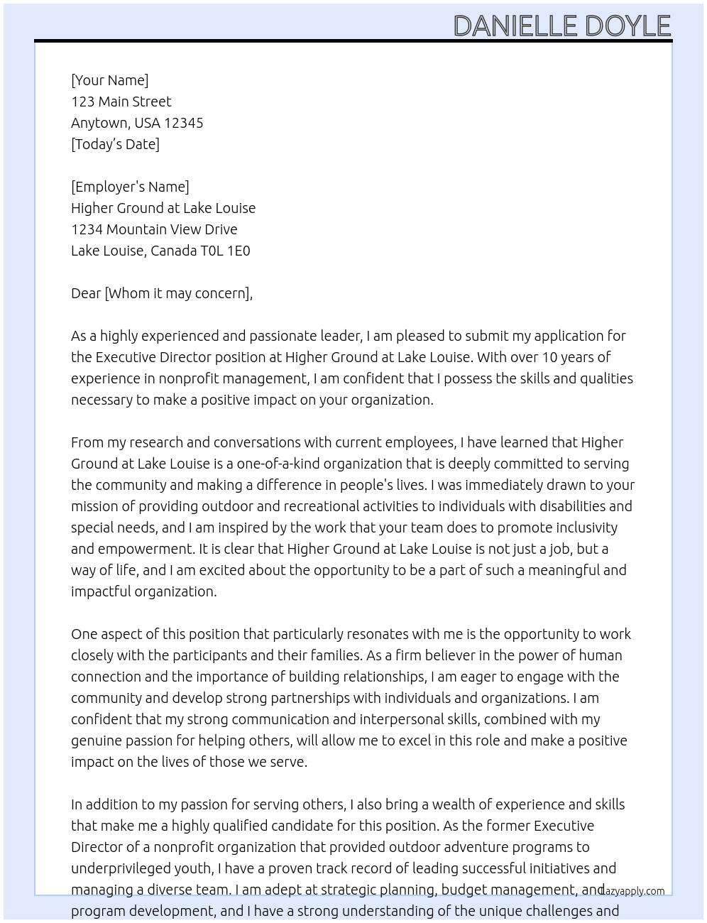Executive Director At Higher Ground at Lake Louise Cover Letter